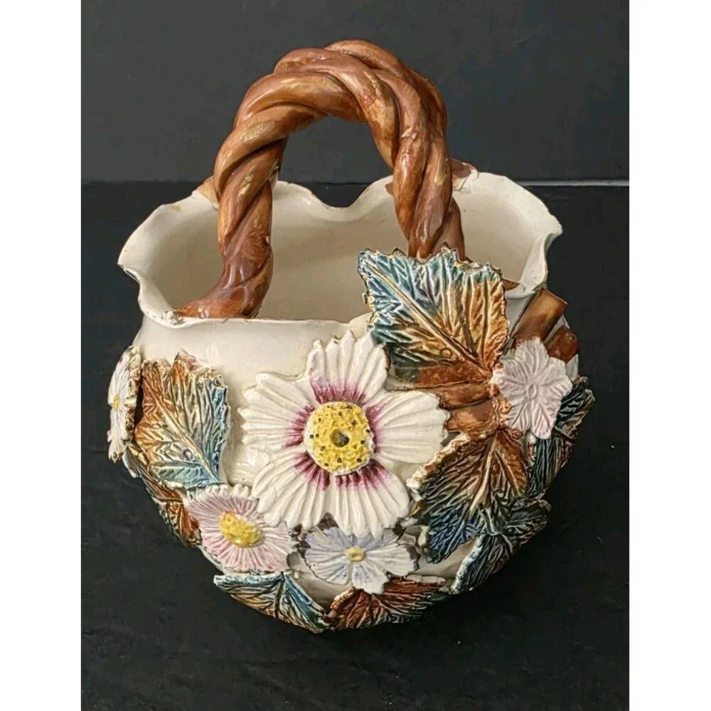 ​Vintage English Pottery Majolica Style Floral Basket Vase Twisted Handle